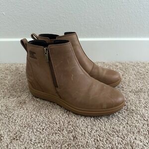 Sorel Evie II Zip Boots Women 8 Brown Leather Waterproof Wedge Ankle NL5025-242